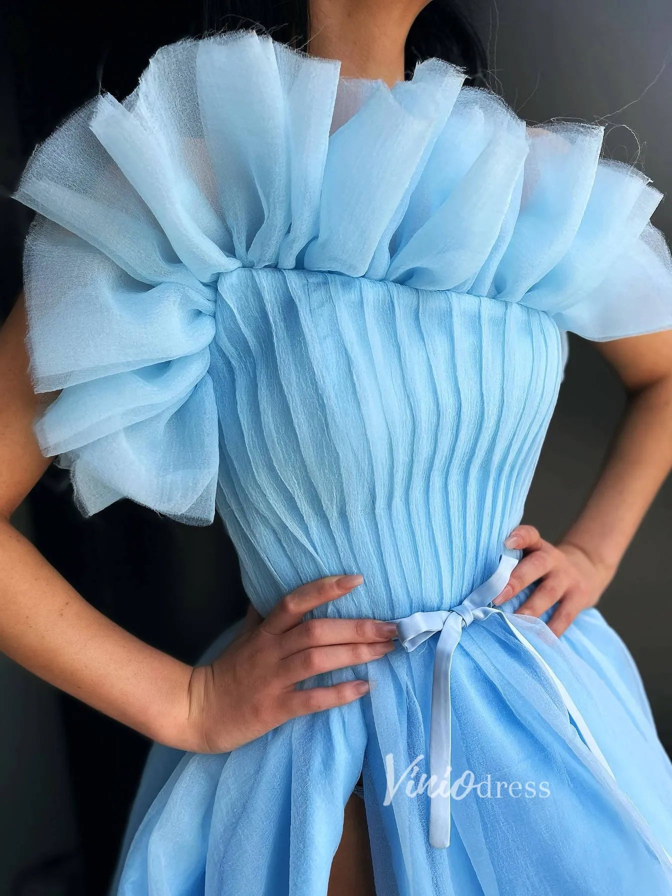Light Blue Ruffle Organza Prom Dress High Slit Formal Dress FD2789-prom dresses 2025 -Viniodress-Light Blue-Custom Size-
