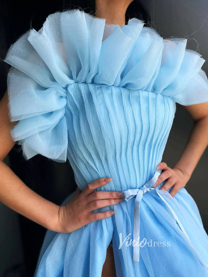 Light Blue Ruffle Organza Prom Dress High Slit Formal Dress FD2789-prom dresses 2025 -Viniodress-Light Blue-Custom Size-