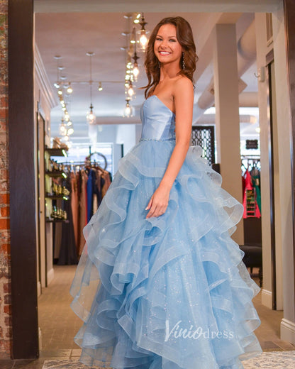 Light Blue Ruffle Prom Dresses Strapless Sparkly Tulle Ball Gown FD3618-prom dresses 2025 -Viniodress-Light Blue-Custom Size-