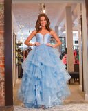 Light Blue Ruffle Prom Dresses Strapless Sparkly Tulle Ball Gown FD3618