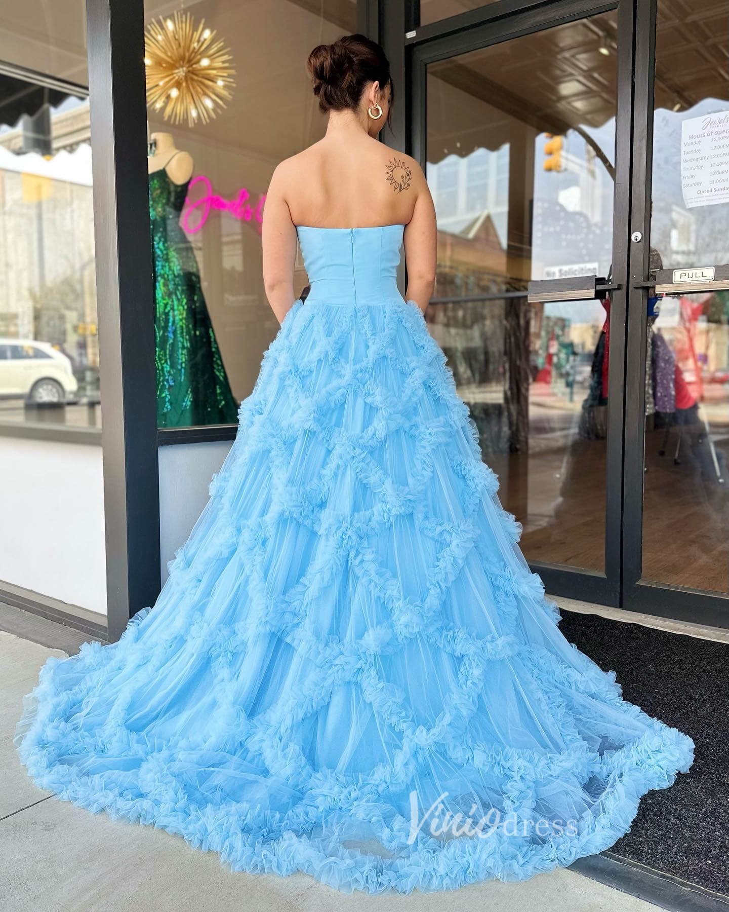 Light Blue Ruffle Prom Dresses Strapless Tulle Ball Gown FD3642-prom dresses 2025 -Viniodress-Light Blue-Custom Size-