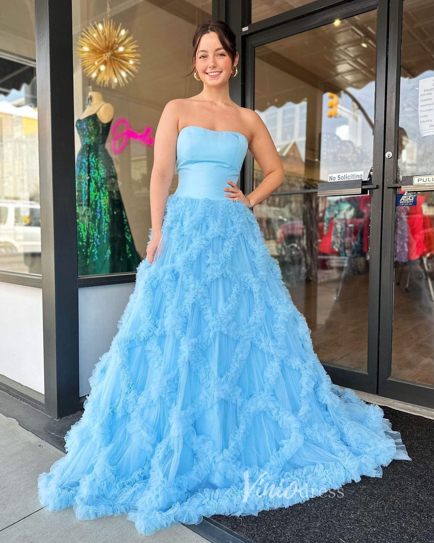 Light Blue Ruffle Prom Dresses Strapless Tulle Ball Gown FD3642-prom dresses 2025 -Viniodress-Light Blue-Custom Size-