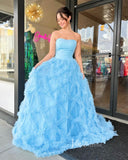 Light Blue Ruffle Prom Dresses Strapless Tulle Ball Gown FD3642-prom dresses-Viniodress-Viniodress