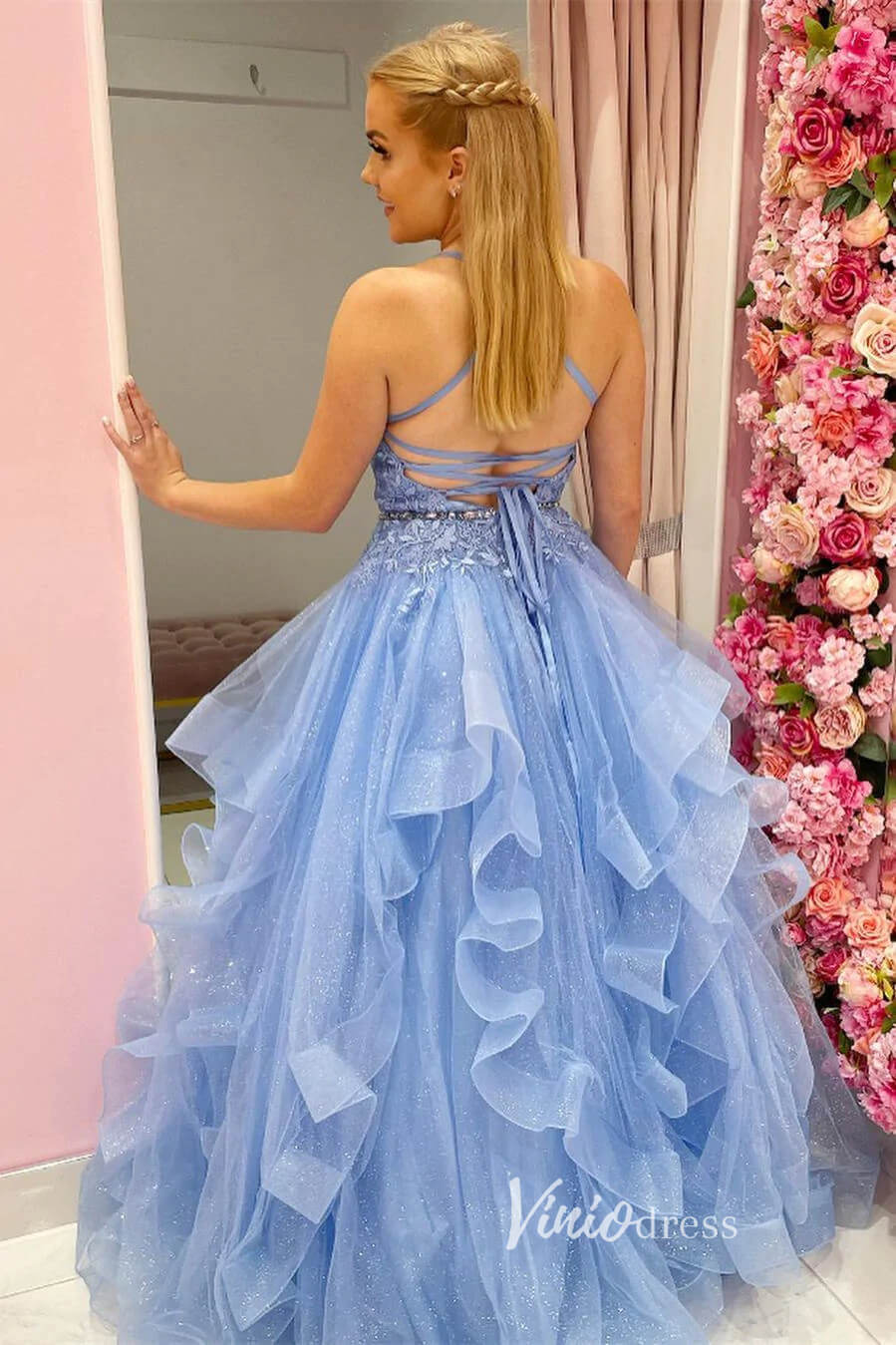 Light Blue Ruffled Prom Dresses Lace Applique Formal Gown FD3262-prom dresses 2025 -Viniodress-Light Blue-Custom Size-