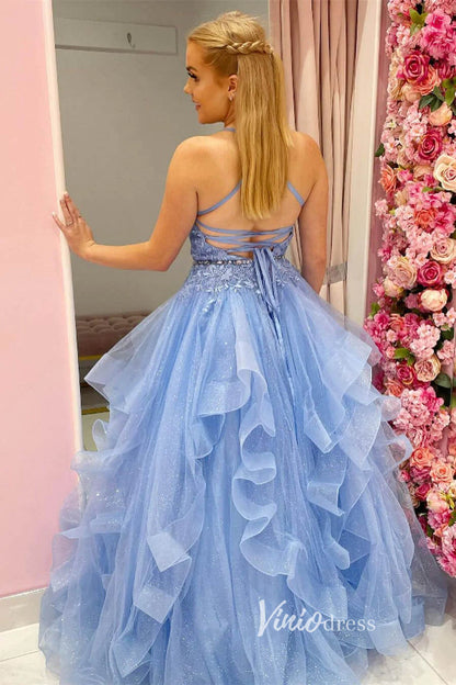 Light Blue Ruffled Prom Dresses Lace Applique Formal Gown FD3262-prom dresses 2025 -Viniodress-Light Blue-Custom Size-