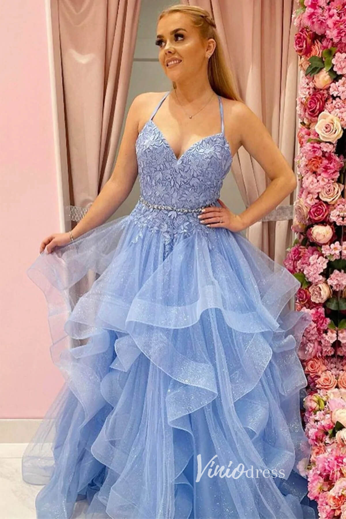 Light Blue Ruffled Prom Dresses Lace Applique Formal Gown FD3262-prom dresses 2025 -Viniodress-Light Blue-Custom Size-