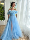 Light Blue Ruffled Prom Dresses with Slit Off the Shoulder Formal Dress TO027-prom dresses-Viniodress-Viniodress