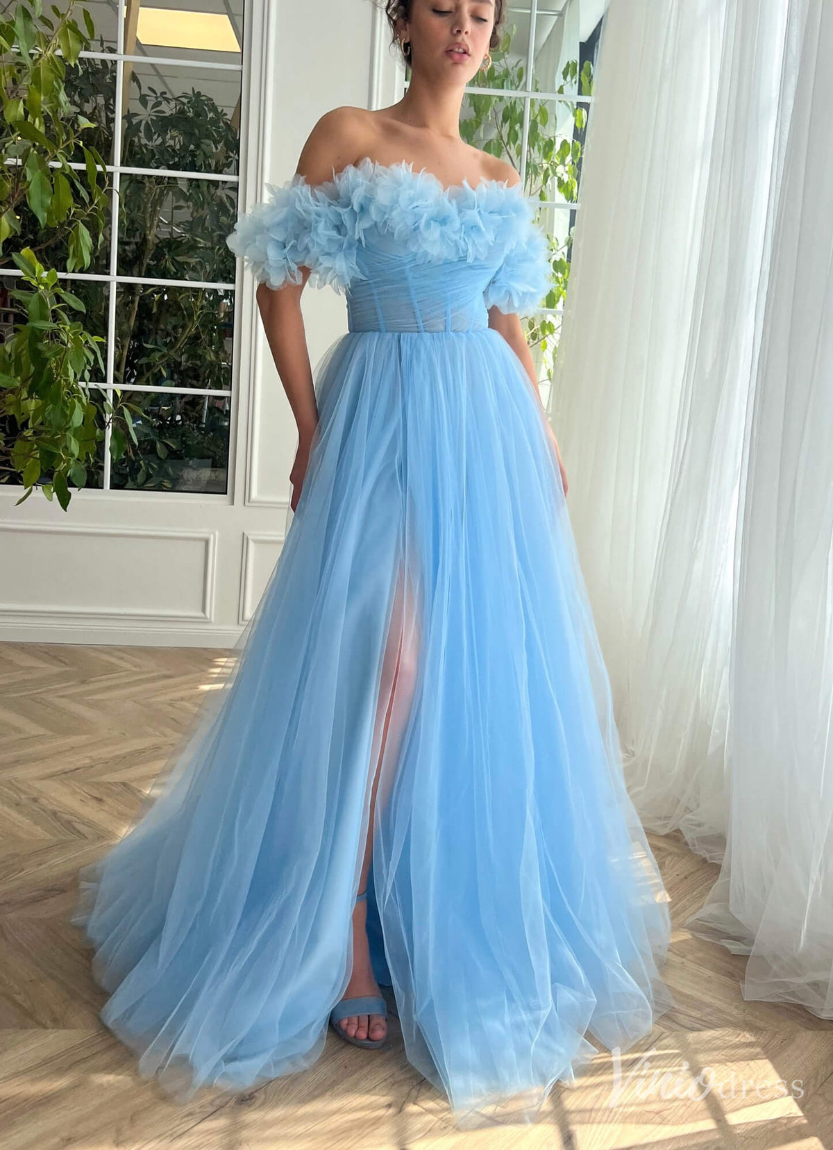 Light Blue Ruffled Prom Dresses with Slit Off the Shoulder Formal Dress TO027-prom dresses-Viniodress-Light Blue-Custom Size-Viniodress