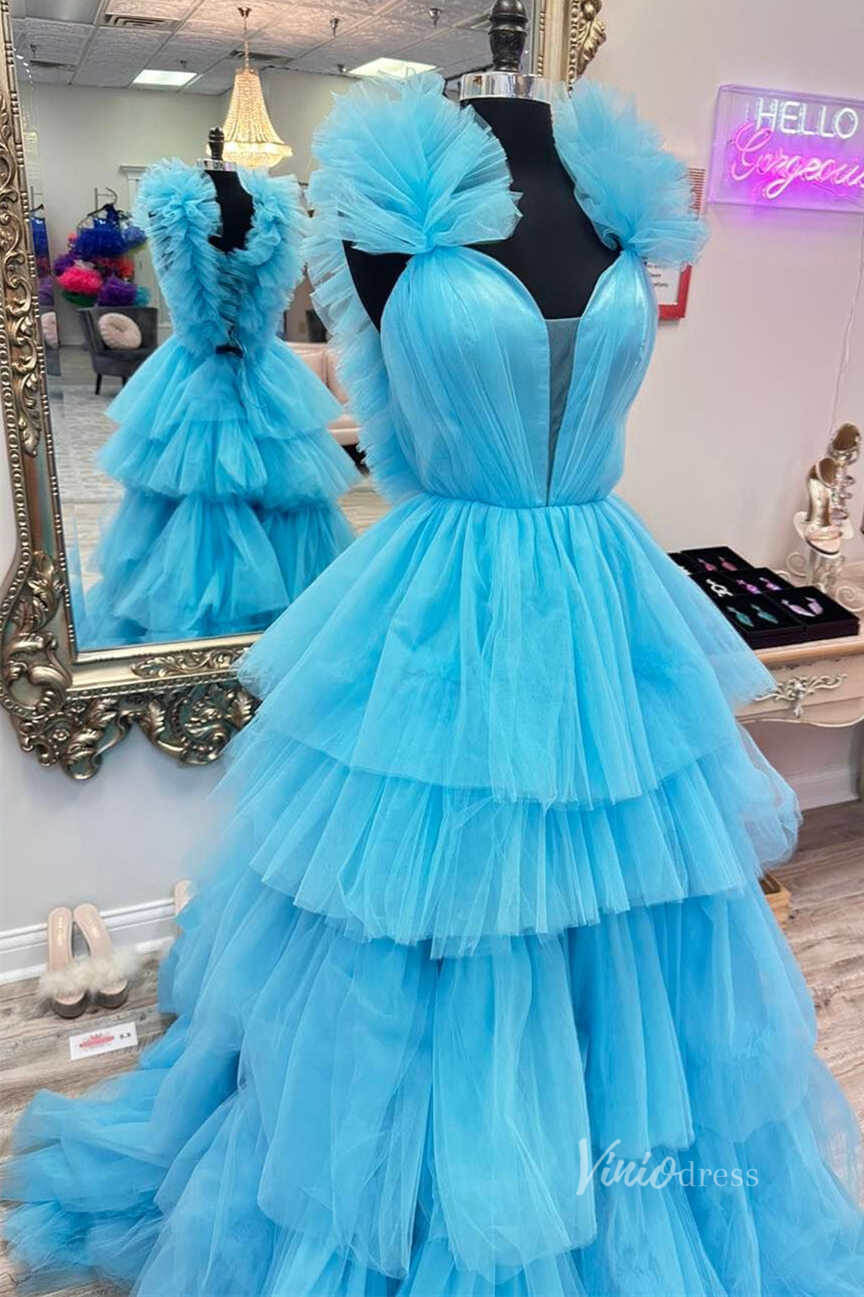 Light Blue Ruffled Tulle Prom Dresses Plunging V-Neck Tiered Strap FD3997-prom dresses 2025 -Viniodress-Light Blue-Custom Size-