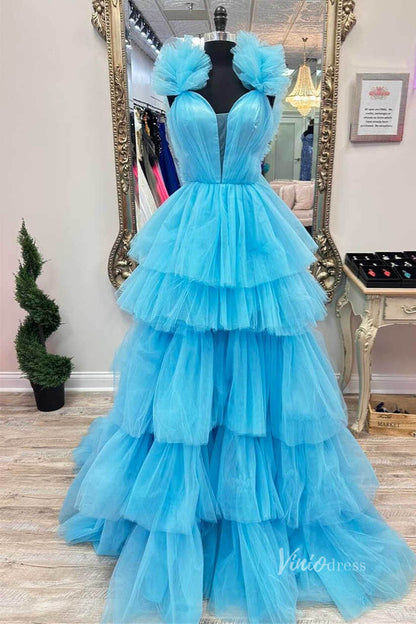 Light Blue Ruffled Tulle Prom Dresses Plunging V-Neck Tiered Strap FD3997-prom dresses 2025 -Viniodress-Light Blue-Custom Size-