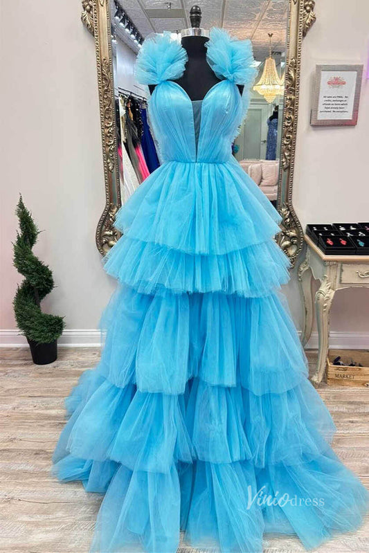 Light Blue Ruffled Tulle Prom Dresses Plunging V-Neck Tiered Strap FD3997-prom dresses 2025 -Viniodress-Light Blue-Custom Size-