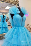 Light Blue Ruffled Tulle Prom Dresses Plunging V-Neck Tiered Strap FD3997-prom dresses-Viniodress-Viniodress