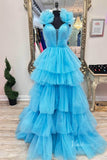 Light Blue Ruffled Tulle Prom Dresses Plunging V-Neck Tiered Strap FD3997