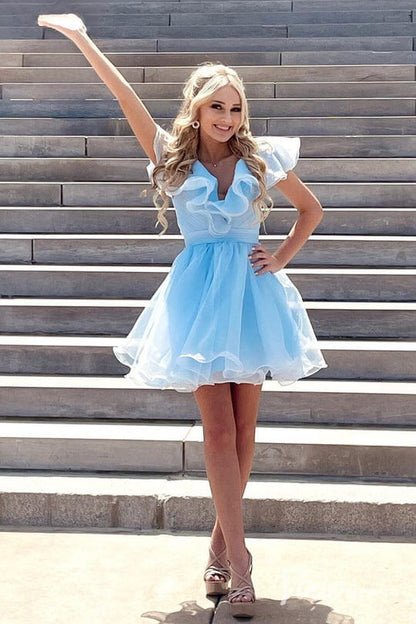 Light Blue Ruffled V-Neck Homecoming Dresses Organza Graduation Dress SD1677-Homecoming Dresses 2025 -Viniodress-Light Blue-Custom Size-