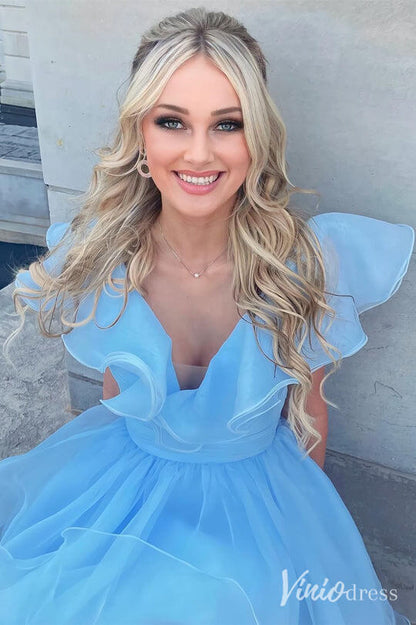 Light Blue Ruffled V-Neck Homecoming Dresses Organza Graduation Dress SD1677-Homecoming Dresses 2025 -Viniodress-Light Blue-Custom Size-