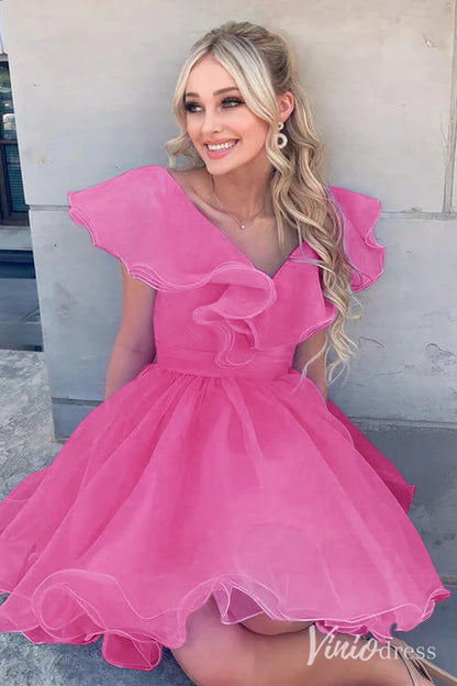 Light Blue Ruffled V-Neck Homecoming Dresses Organza Graduation Dress SD1677-Homecoming Dresses 2025 -Viniodress-Pink-Custom Size-