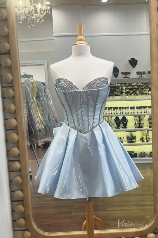 Light Blue Satin Corset Homecoming Dress with Sweetheart Neckline, Beaded Bodice & Flared Skirt – H1158-Homecoming Dresses 2025 -Viniodress-Light Blue-Custom Size-