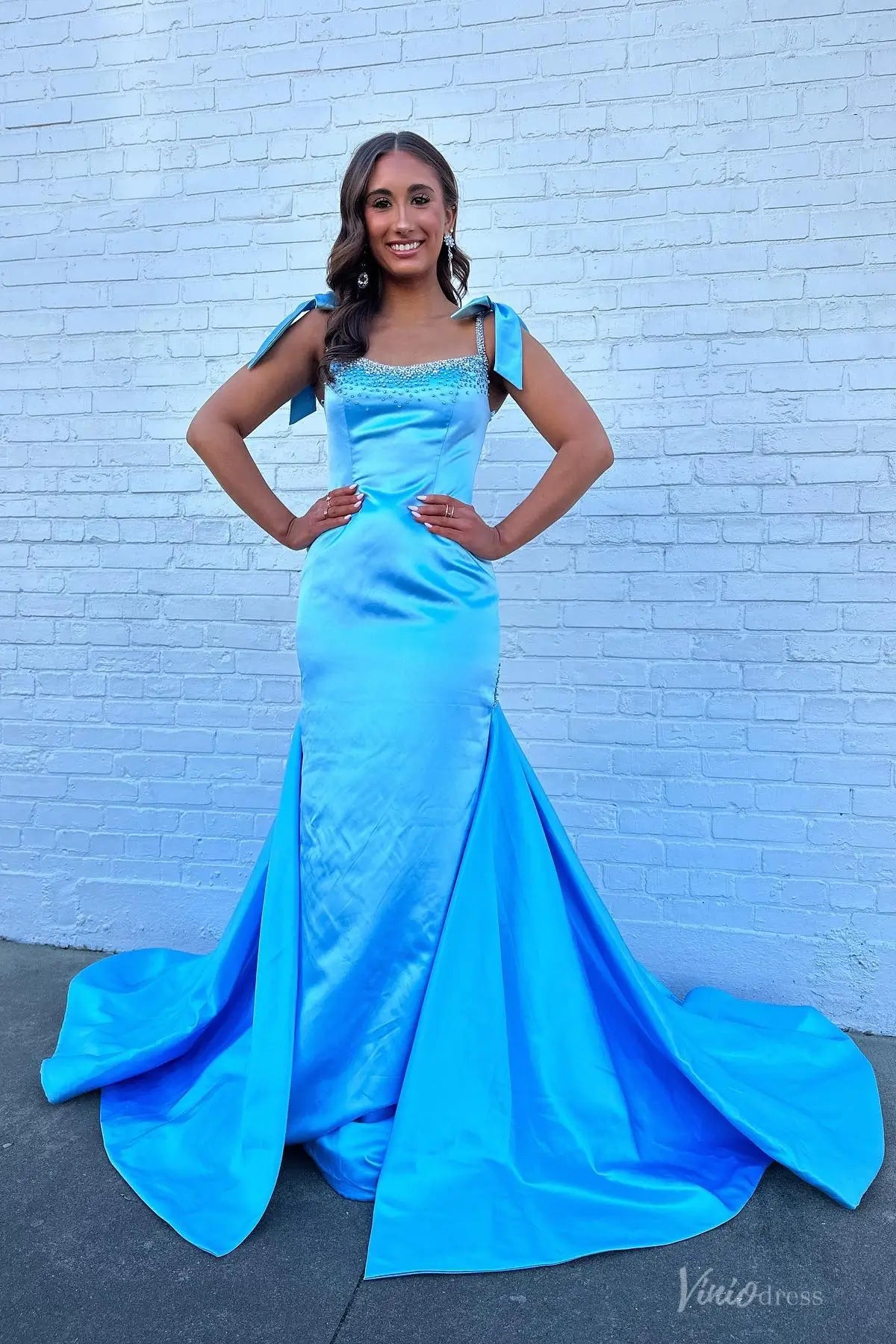 Light Blue Satin Mermaid Prom Dress with Beaded Neckline, Bow Straps & Flared Train – SS191-prom dresses 2026-Viniodress-Light Blue-Custom Size-