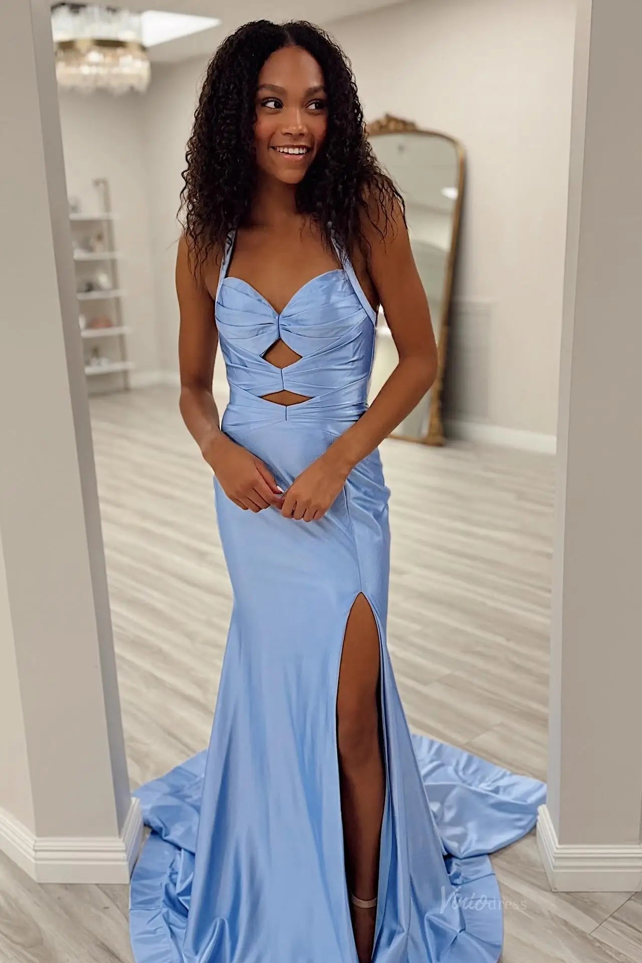 Light Blue Satin Mermaid Prom Dress with Halter Neck, High Slit & Front Cutout Bodice – SS129-prom dresses 2026-Viniodress-Light Blue-Custom Size – Add Measurements in Cart-