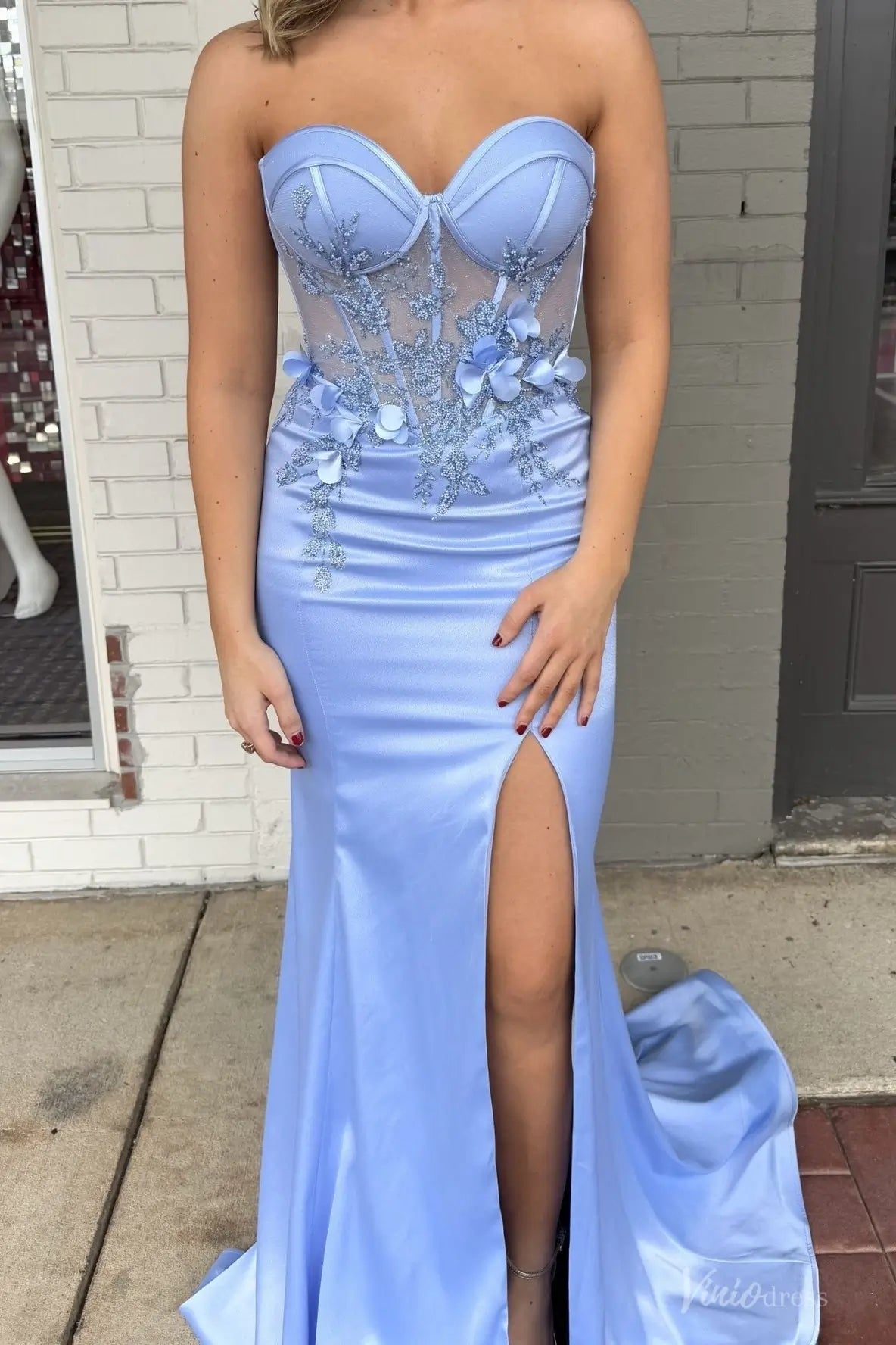 Light Blue Satin Mermaid Prom Dress with Sheer Corset, Beaded Lace Appliqué & High Slit – SS305-prom dresses 2026-Viniodress-Light Blue-Custom Size-