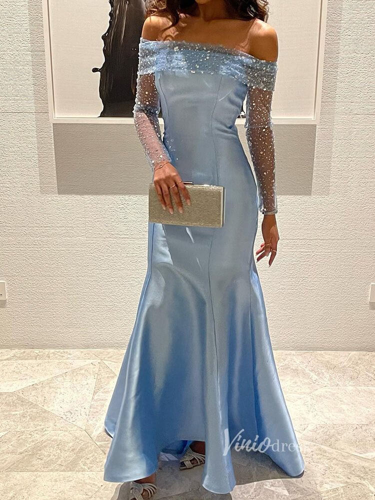Light Blue Satin Mermaid Prom Dresses Off the Shoulder Sequin Long Sleeve Pageant Dress AD1171-Evening Dresses 2025 -Viniodress-Light Blue-US 2-