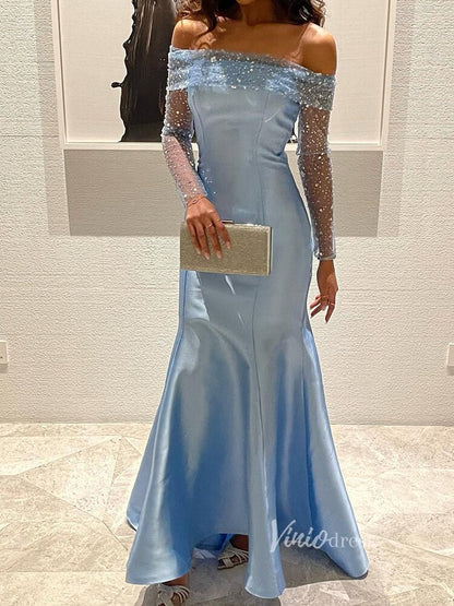 Light Blue Satin Mermaid Prom Dresses Off the Shoulder Sequin Long Sleeve Pageant Dress AD1171-Evening Dresses 2025 -Viniodress-Light Blue-US 2-