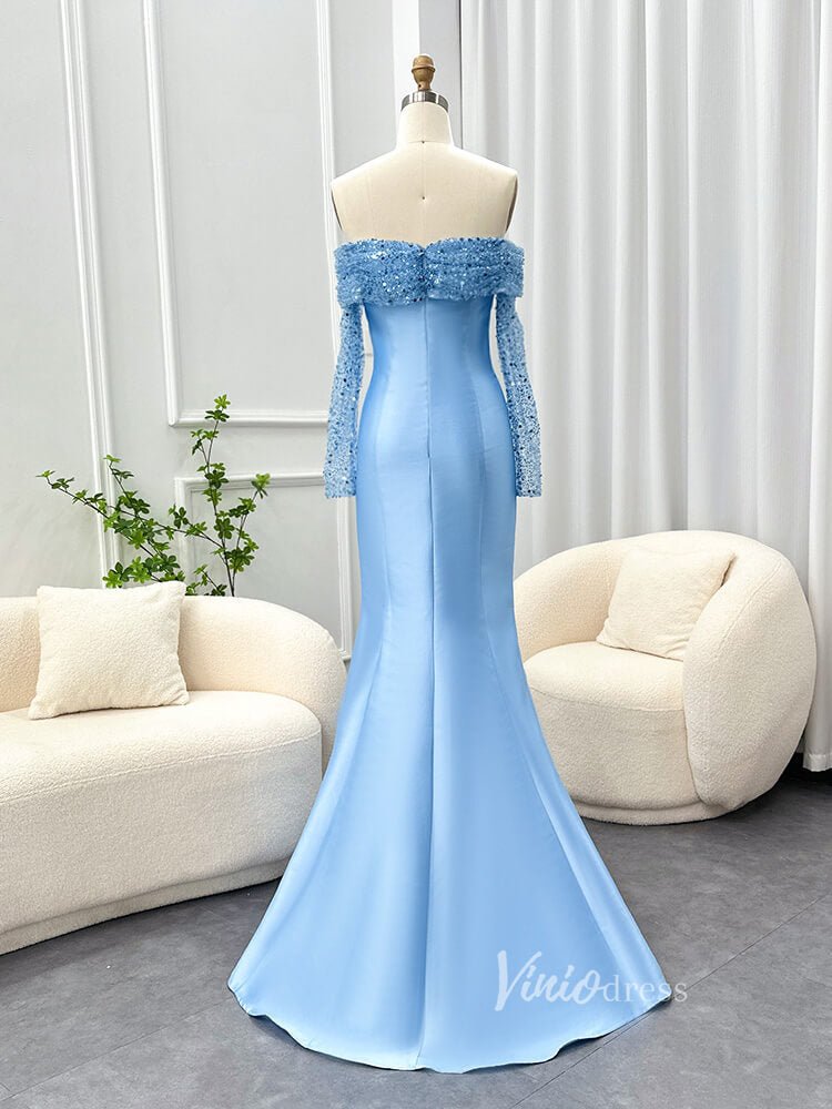 Light Blue Satin Mermaid Prom Dresses Off the Shoulder Sequin Long Sleeve Pageant Dress AD1171-Evening Dresses 2025 -Viniodress-Light Blue-US 2-