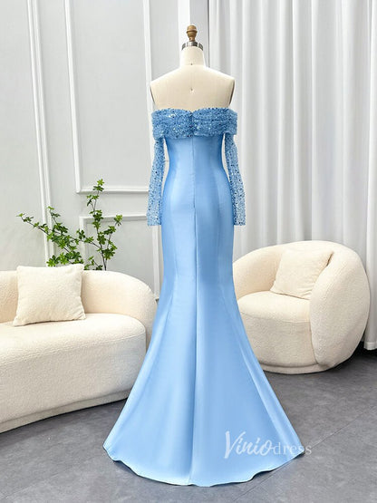 Light Blue Satin Mermaid Prom Dresses Off the Shoulder Sequin Long Sleeve Pageant Dress AD1171-Evening Dresses 2025 -Viniodress-Light Blue-US 2-