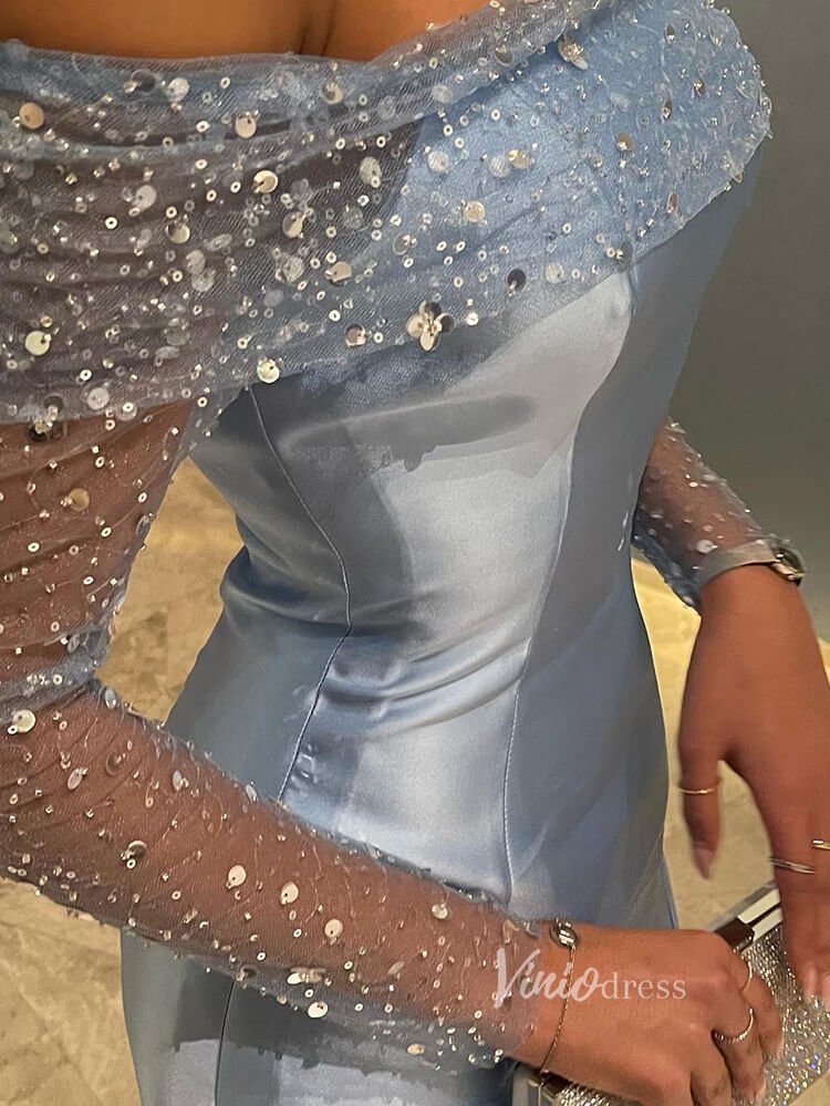 Light Blue Satin Mermaid Prom Dresses Off the Shoulder Sequin Long Sleeve Pageant Dress AD1171-Evening Dresses 2025 -Viniodress-Light Blue-US 2-