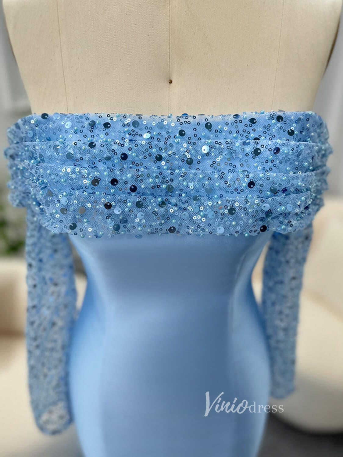 Light Blue Satin Mermaid Prom Dresses Off the Shoulder Sequin Long Sleeve Pageant Dress AD1171-Evening Dresses 2025 -Viniodress-Light Blue-US 2-