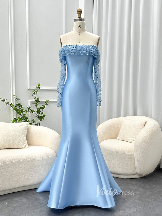 Light Blue Satin Mermaid Prom Dresses Off the Shoulder Sequin Long Sleeve Pageant Dress AD1171-Evening Dresses 2025 -Viniodress-Light Blue-US 2-