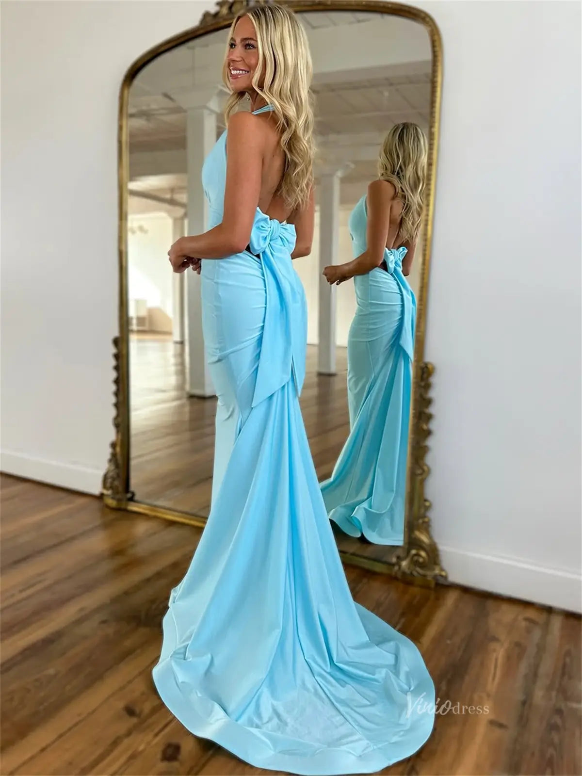 prom dresses 2025 Light Blue Satin Mermaid Prom Dresses with Halter Neck & Bow Tie Back - FD6002-plus size wedding dresses Viniodress-Blue-Custom Size-