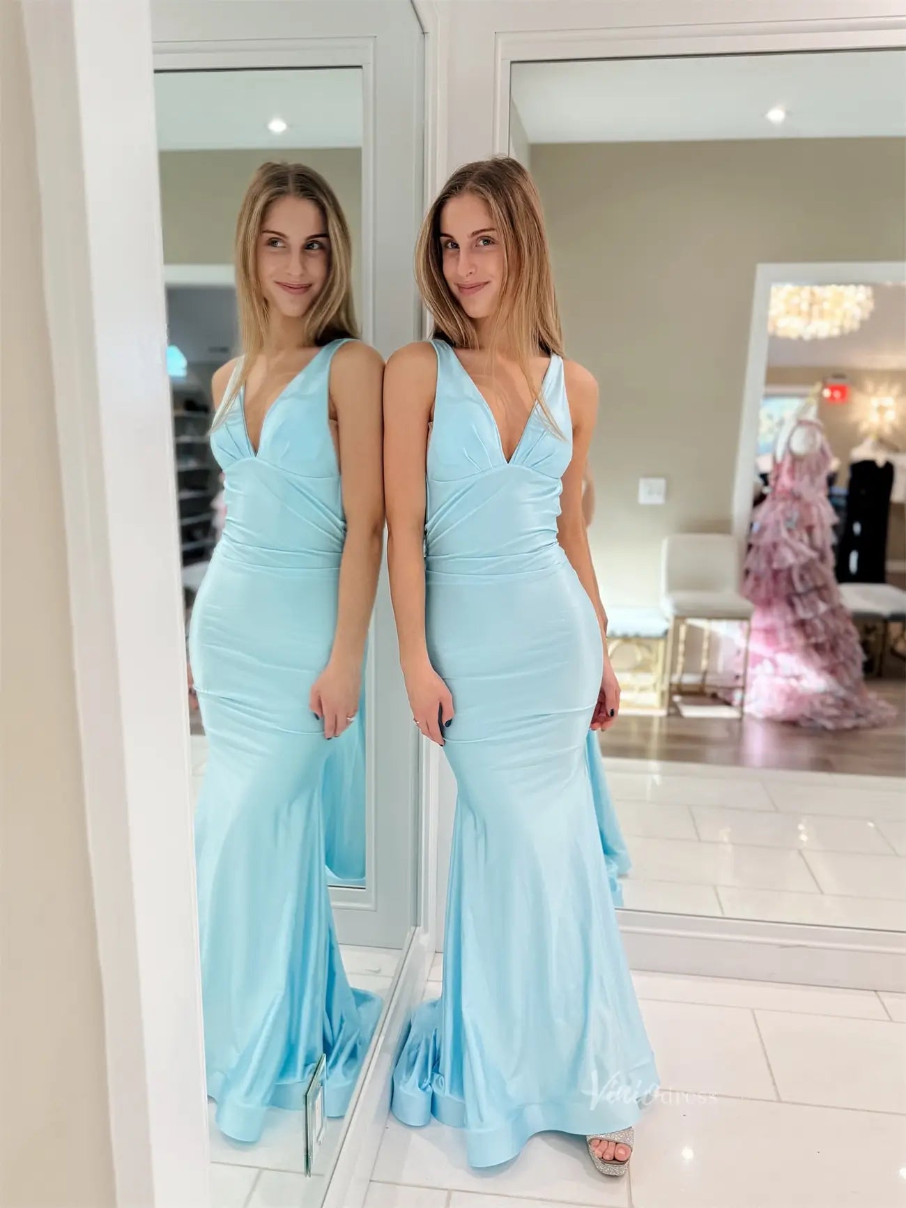 Light Blue Satin Mermaid Prom Dresses with V-Neck & Open Back - FD6030 Viniodress Light Blue Satin Mermaid Prom Dresses with V-Neck & Open Back - FD6030 Viniodress