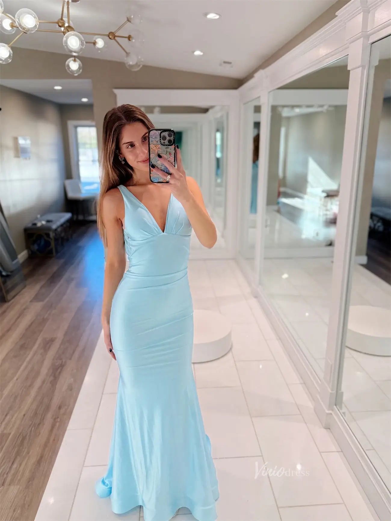 Light Blue Satin Mermaid Prom Dresses with V - Neck & Open Back - FD6030 - Viniodressprom dressesBlueCustom Size - Formal Dresses - Ball Gowns