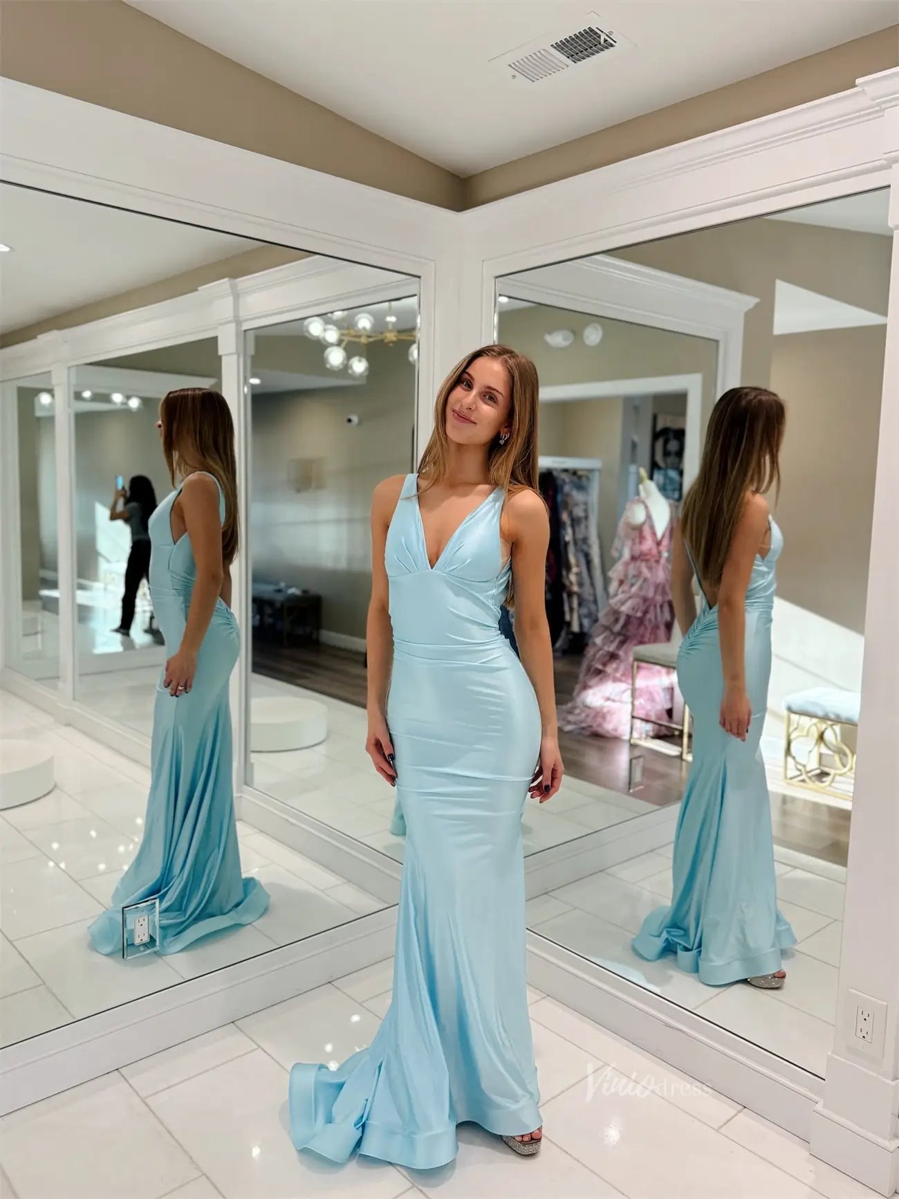 Light Blue Satin Mermaid Prom Dresses with V - Neck & Open Back - FD6030 - Viniodressprom dressesBlueCustom Size - Formal Dresses - Ball Gowns