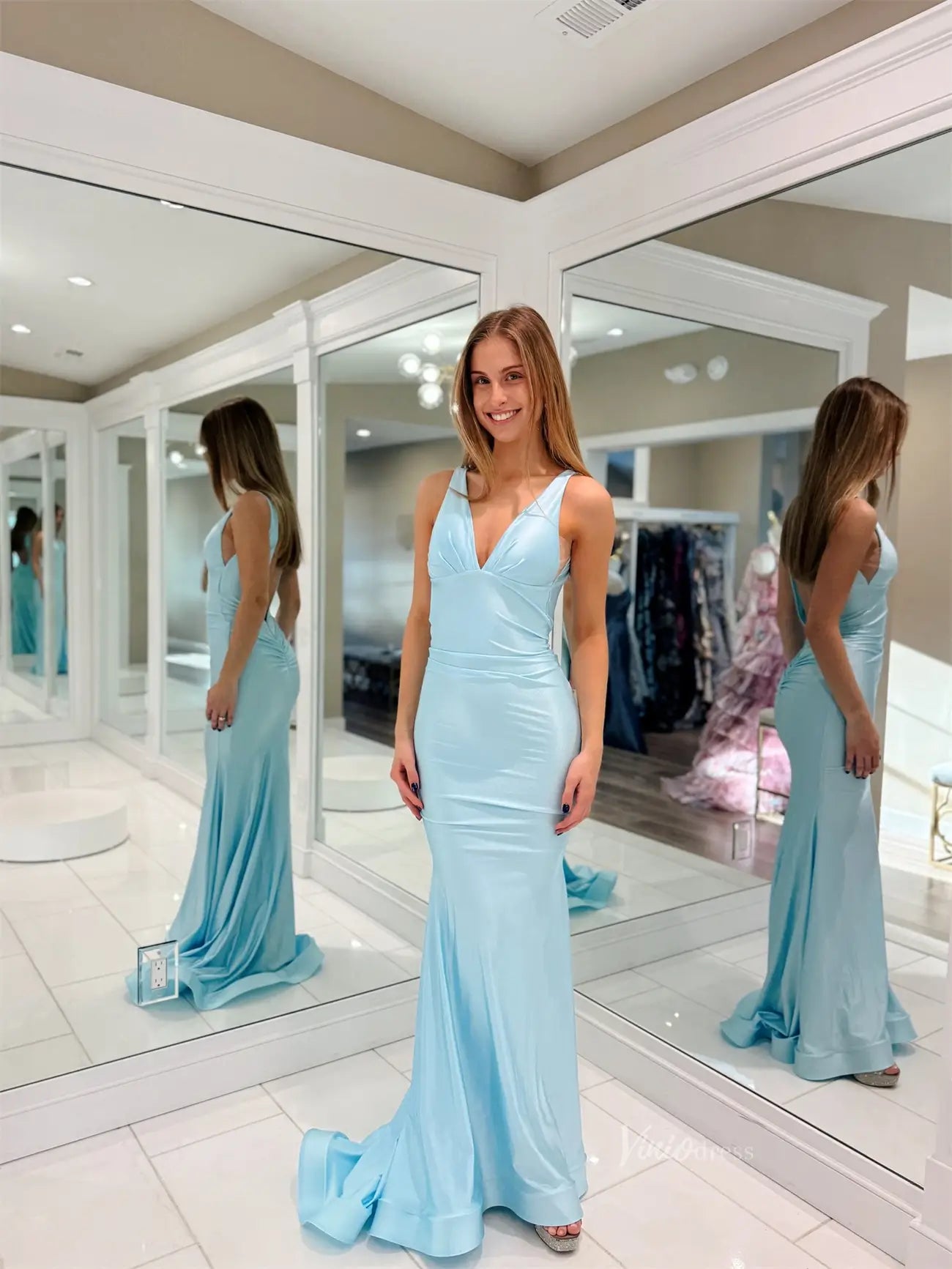 Light Blue Satin Mermaid Prom Dresses with V - Neck & Open Back - FD6030 - Viniodressprom dressesBlueCustom Size - Formal Dresses - Ball Gowns