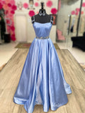 Light Blue Satin Off the Shoulder Prom Dresses Beaded Waist FD4078