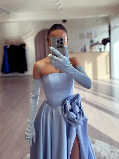 Light Blue Satin Prom Dresses 2025 Strapless Formal Dress with 3D Flower, Gloves & High Slit FD5243-prom dresses 2025 -Viniodress-Blue-Custom Size-