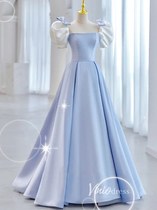 Light Blue Satin Prom Dresses Puffed Sleeve Formal Gown FD3247-prom dresses 2025 -Viniodress-Light Blue-Custom Size-