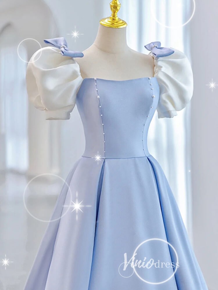 Light Blue Satin Prom Dresses Puffed Sleeve Formal Gown FD3247 Viniodress Light Blue Satin Prom Dresses Puffed Sleeve Formal Gown FD3247 Viniodress
