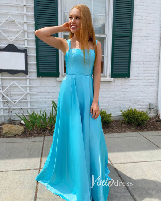 Light Blue Satin Prom Dresses Spaghetti Strap Formal Dress FD3344-prom dresses 2025 -Viniodress-Light Blue-Custom Size-