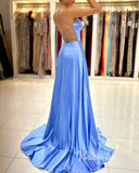 Light Blue Satin Prom Dresses with Slit Spaghetti Strap Evening Dress FD3348-prom dresses-Viniodress-Viniodress