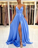 Light Blue Satin Prom Dresses with Slit Spaghetti Strap Evening Dress FD3348-prom dresses-Viniodress-Viniodress