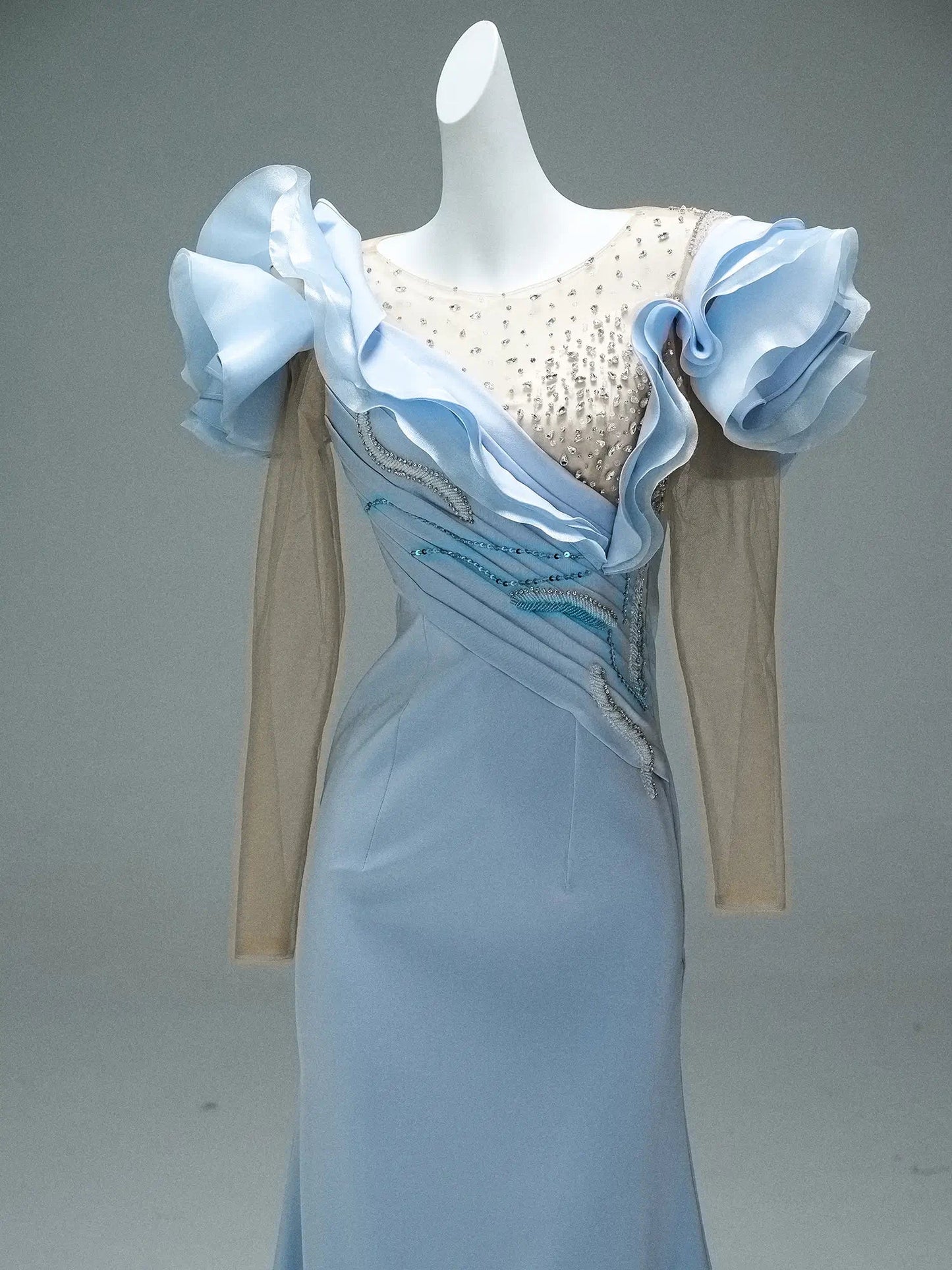 Light Blue Satin Sheath Formal Dresses with Beaded Bodice, Tiered Long Sleeve & Boat Neck - CQ0102-Couture Gown 2025 -Viniodress-Blue-Custom Size-