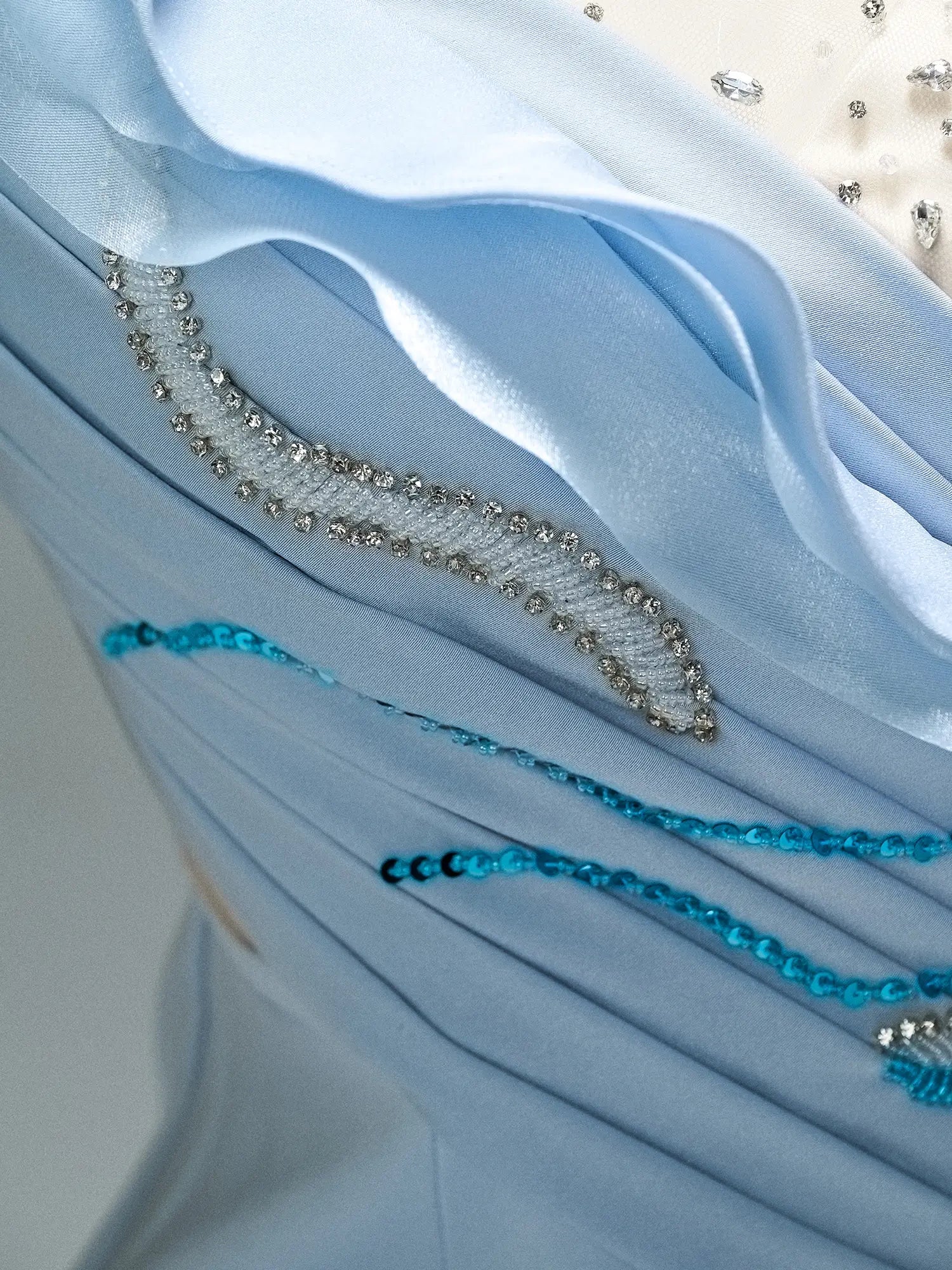 Light Blue Satin Sheath Formal Dresses with Beaded Bodice, Tiered Long Sleeve & Boat Neck - CQ0102-Couture Gown 2025 -Viniodress-Blue-Custom Size-