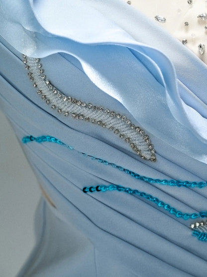 Light Blue Satin Sheath Formal Dresses with Beaded Bodice, Tiered Long Sleeve & Boat Neck - CQ0102-Couture Gown 2025 -Viniodress-Blue-Custom Size-