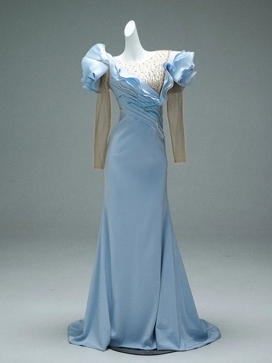 Light Blue Satin Sheath Formal Dresses with Beaded Bodice, Tiered Long Sleeve & Boat Neck - CQ0102-Couture Gown 2025 -Viniodress-Blue-Custom Size-