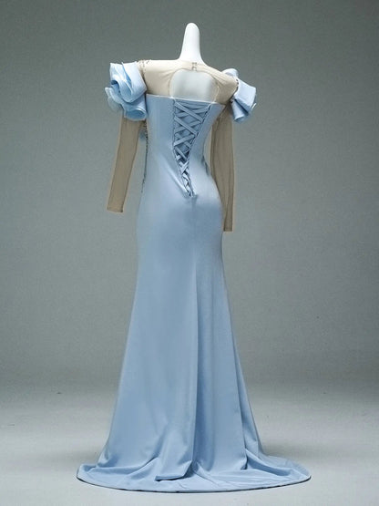 Light Blue Satin Sheath Formal Dresses with Beaded Bodice, Tiered Long Sleeve & Boat Neck - CQ0102-Couture Gown 2025 -Viniodress-Blue-Custom Size-