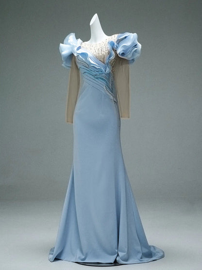 Light Blue Satin Sheath Formal Dresses with Beaded Bodice, Tiered Long Sleeve & Boat Neck - CQ0102-Couture Gown 2025 -Viniodress-Blue-Custom Size-