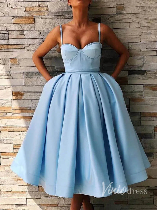Light Blue Satin Tea-Length Prom Dress with Pockets & Lace-Up Back FD1322-prom dresses 2025 -Viniodress-Light Blue-Custom Size-